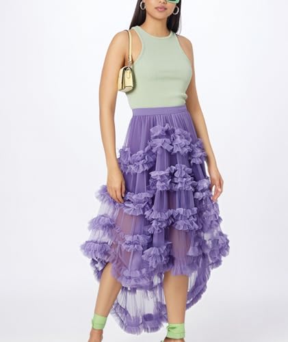 Tulle Skirt for Women High Waisted A Line Layered Asymmetrical Hem Ruffle Fluffy Long Skirts2