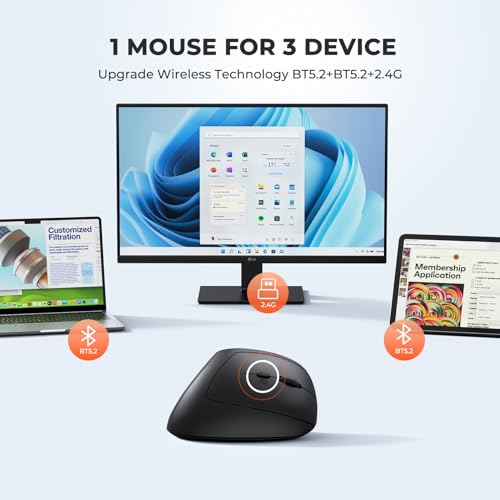 Image of MEETION Ergonomic Mouse, Wireless Mouse, Bluetooth Vertical Rechargeable Mice, 4 Adjustable DPI 800-2400, Bluetooth 5.2+5.2+USB Mouse for Windows /Mac, for Laptop /PC /Desktop /Computer /iPad Bk