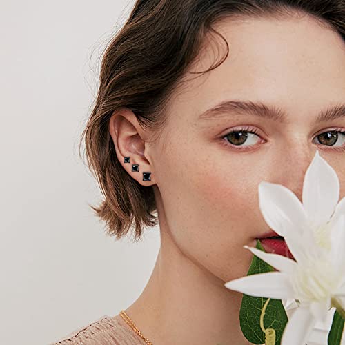 Fibo Steel Stainless Steel Mens Womens Stud Earrings Black Round Cubic Zirconia Inlaid, 6 Pairs 3Mm-8Mm (Square Cz) #TOP4