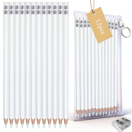 Adhere White Colored pencils 12pcs Erasable Pencils Pre-Sharpened #2 HB for Checking Tests Grading Map Coloring editing Office Favors including a Free sharpener