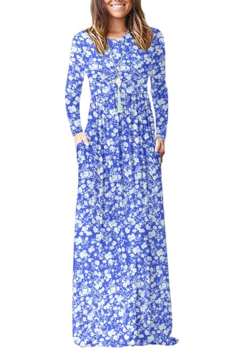 Image of AUSELILY Women's Casual Maxi Dress Long Sleeve Blue Ditsy Print XL