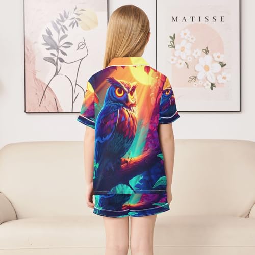 ALAZA Magical Owl Leaf Sunshine Satin Pajamas Set Short Sleeve Button Down Sleepwear Summer Pjs 2 Piece4