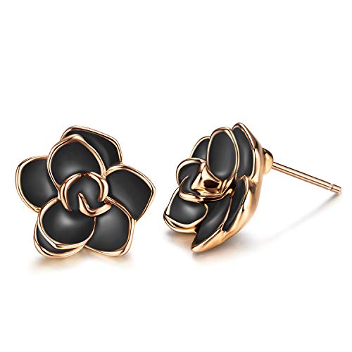 AllenCOCO 18K Gold Plated Black Rose Flower Stud Earrings for Women (Large Black)