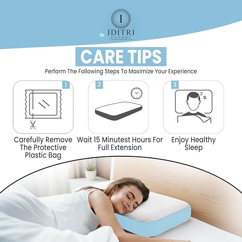 Image of High Density Memory Foam Pillow Set of 2, 50x30x6 cm Shredded Support for Neck Pain Relief, White and Sky Blue Breathable Case, Orthopedic Bedding for Side Sleeper