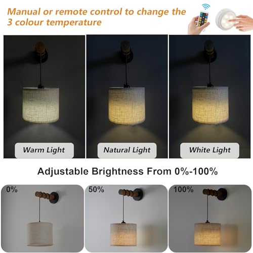 Image of XSDeTu Rechargeable Battery Operated Wall Sconces Set of 2, Modern Battery Powered Wall Light with Wooden Arm & Remote Control, Adjustable 3 Colors Dimmable Wall Lamps for Bedroom, Living Room