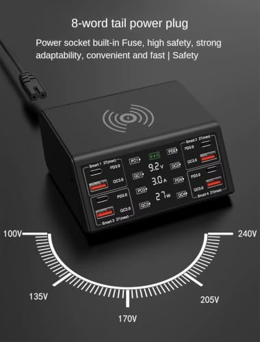 Image of 100W USB Charger Desktop 8-Port Charging Station Hub with Quick Charge 18W QC 3.0 USB Ports, with 27W PD Fast Charger Ports and LCD Display Wireless Charging Station for 1Phone 1Pad Galaxy (838W 100W)