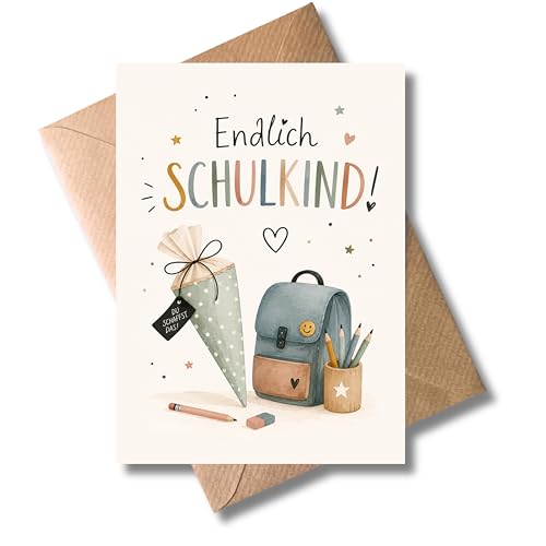 WBdesignz süße Einschulungskarte mit Umschlag - Endlich Schulkind - Schultüte - Niedliche Karte zum Schulanfang Einschulung Glückwunschkarte für die 1. Klasse - Kinder Junge Mädchen (DIN A6)