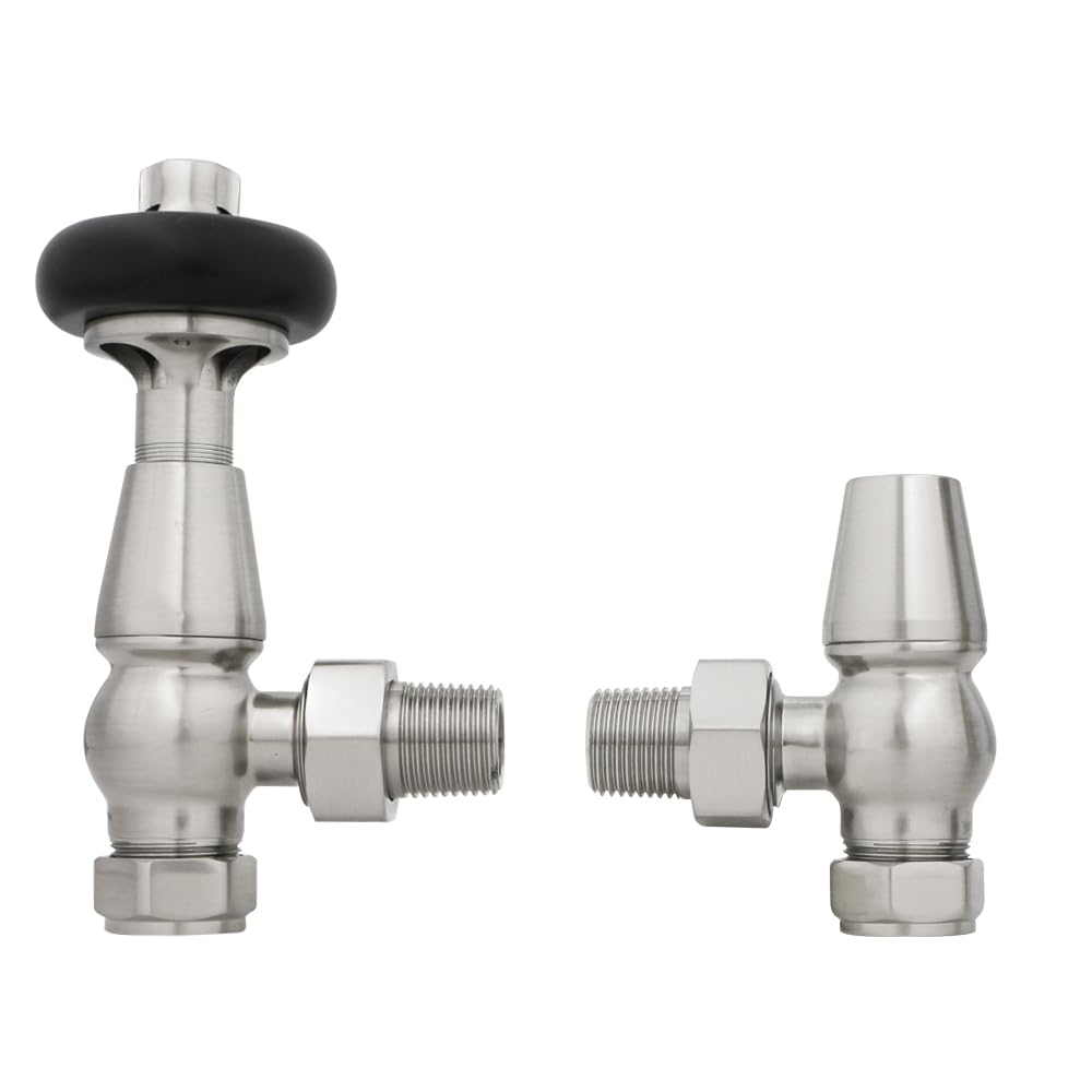 Nrg Satin Nickel Traditional Antique Angled Central Heating Radiator Valve 15Mm Thermostatic + Lockshield Valve With Black Hand Wheel