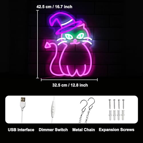 Image of Pink Cat with Witch Hat Neon Sign Halloween LED Light for Room Party Decor | Dimmable Animal Neon Light for Bedroom, Witch Cat Light Up Sign, Acrylic LED Signs for Wall Bar, USB Powered, Halloween Gifts