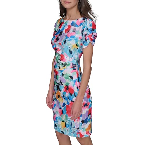 Image of KARL LAGERFELD Short Ruched Sleeve Jewel Neck Sheath Mini Dress