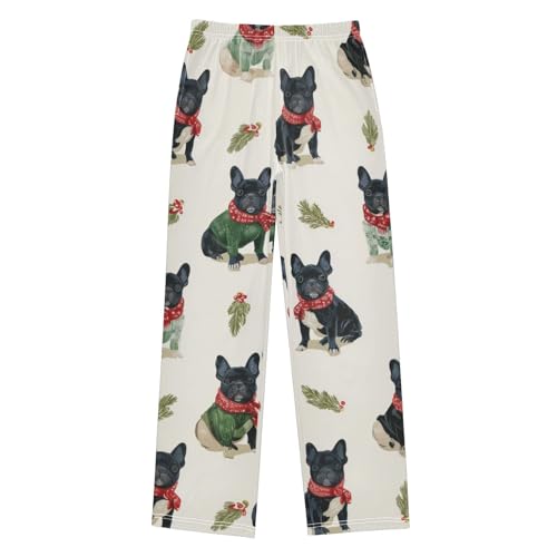 ZZXXB French Bulldog Mistletoe Branches Boys Long Pants Soft Trousers Elastic Waist Kids Lounge Bottoms with Pockets S-XL