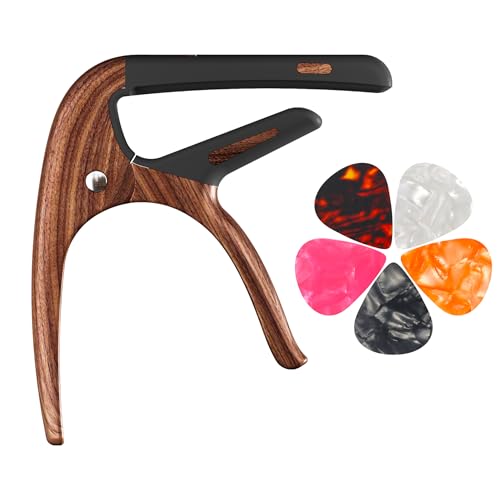 Capo for Acoustic Guitar, Electric Guitar, Ukulele and String Instruments, Guitar Capo with 5 Picks, Guitar Kapo, Guitar Clamp (Rosewood)