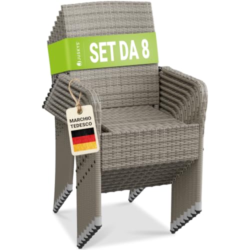 Juskys Sedie da giardino in polyrattan Yoro set da 8 con braccioli e schienale - 8 sedie impilabili - sedia in rattan per giardino - sedia impilabile grigio melange