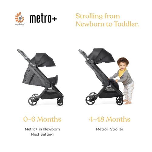 Ergobaby Metro+ Compact Baby Stroller, Lightweight Umbrella Stroller Folds Down for Overhead Airplane Storage (Carries up to 50 lbs), Car Seat Compatible, Black