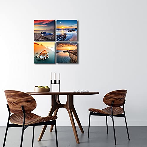 Image of Pyradecor Sunset Sea Beach Modern Seascape Pictures Paintings on Canvas Wall Art 4 Panels Stretched Canvas Prints Artwork for Living Room Bedroom Home Office Decorations