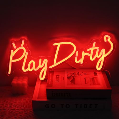 Image of Play Dirty Neon Sign Red Letter LED Neon Lights Signs Devil Neon Signs for Wall Decor Satan Neon Lights for Bedroom Dimmable Red Words Neon Light Up Sign for Bar Man Cave Party Decor
