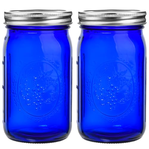 eleganttime Blue Mason Jars Wide Mouth 2 Pack Cobalt Blue Colored Mason Jars 32 oz for Canning