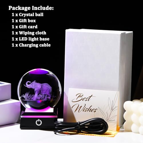 Image of Arikyrist 3D Crystal Ball Elephant Figurine with Colorful Light Base, Laser Elephant Gifts for Women Men, Glass Elephants Statue Decorative Ball for Home Office (80mm)