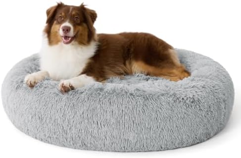 BEDSURE SupportMax™ Hundebett Grosse Hunde Waschbar Flauschig Rund, 100cm | Plüsch Donut Hundekorb mit Abnehmbarem und Waschbarem Bezug, Körbchen Hund mit Rutschfester Boden, Hellg
