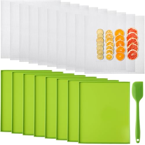 Image of Thenshop 8 Silicone Dehydrator Mats & 10 Mesh Dryer Mats and 1 Baking Scraper, Reusable Non Stick Silicone Dehydrator Tray with Edge for Baking Fruits Meat Vegetables(Green)