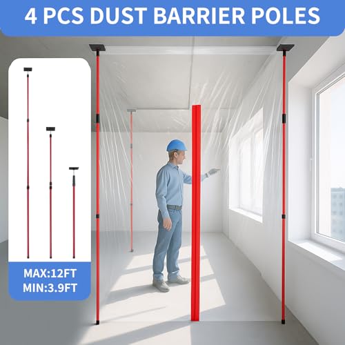 10FT Dust Barrier Pole Kit with Plastic Sheeting & Zipper Door, 4 Pack by Wfunrite - Image 4