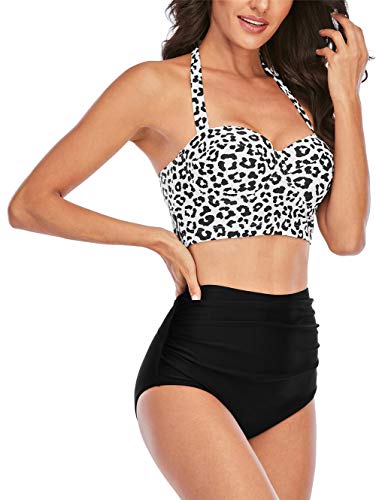 Angerella Women's Fashion Leopard Printed Swimsuits High Waisted Bikini Plus Size Halter Swimwear White,2Xl #TOP2