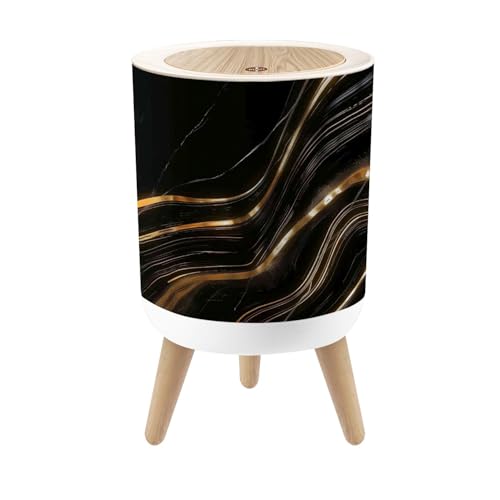 Image of Small Trash Can with Lid Marble texture wall surface black gold ink pattern graphic granite 1.8 Gallon Dog Proof Trash Can Round Garbage Can Waste Bin Wastebasket for Bathroom Bedroom Living Room