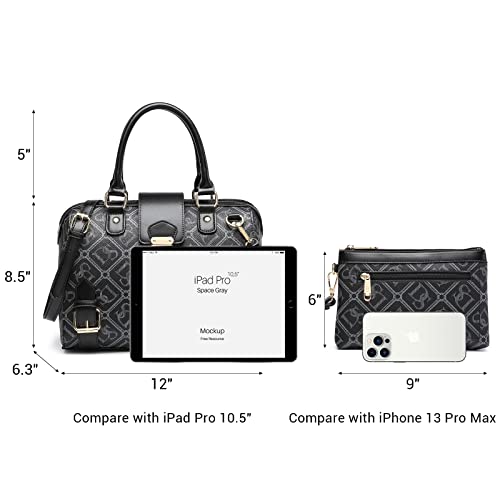 Dasein Women Barrel Handbags Purses Fashion Satchel Bags Top Handle Shoulder Bags Vegan Leather Work Bag (Ds Monogram Black) #TOP2
