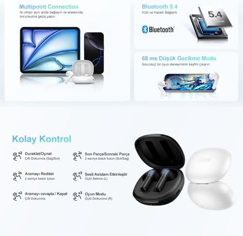 QCY AilyBuds E10 Bluetooth Kulaklık - HiRes - LDAC - Çift Cihaz - Oyun Modu 4 Mics ENC Kulakiçi Kulaklık Beyaz - Görsel 7