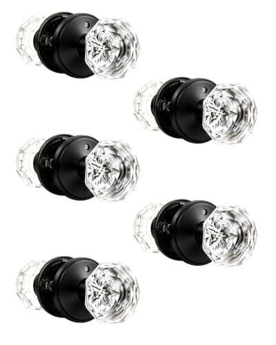 Orger 5 Pack Glass Door Knobs with Flat Black Rosette, Bath/Bed Door Knobs for Privacy Use, Keyless Interior Door Handles with Diamond Shape Crystal Glass and Zinc Alloy Base