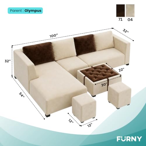 Image of FURNY Olympus 8 Seater LHS L Shape Sofa Set | Plush Velvet Suede Fabric | Modern Design | Soft Comfort Dual Color Cushions for Living Room, Office & Hotels (Cream-Dark Brown)
