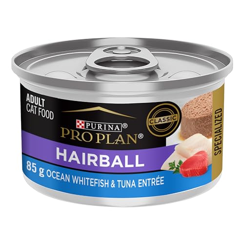 Purina Pro Plan Hairball Wet Cat Food, Ocean Whitefish & Tuna Entree – 85 g Can (24 Pack)