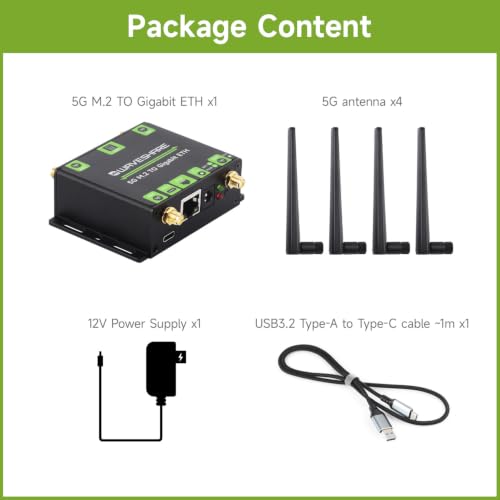 Image of Waveshare 5G M.2 to Gigabit Ethernet Converter, 5G M.2 to USB3.1, Aluminum Alloy Case, Wall-Mount Support, Quad Antennas, Onboard M.2 Key B Interface, USB3.1 Port