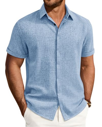 Alimens & Gentle Light Blue Linen Shirts for Men Short Sleeve Button Down Casual Lightweight Vacation Wedding Office Large