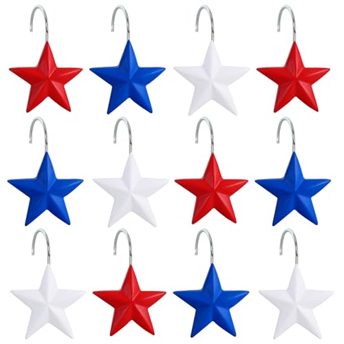 CTOHN 12-Piece 4th of July Red White Blue Stars Shower Curtain Hooks, Fourth of July Patriotic Stainless Steel Decorative Shower Hangers Rings for Bathroom Decor