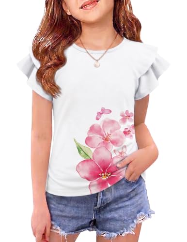 Image of Girls T Shirts Ruffle Short Sleeve Round Neck Loose Blouse Summer Solid Color Casual Girl Tee Tops for 3-12 Years