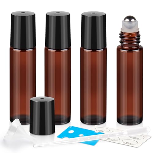 ZEJIA 10ml Roller Bottles for Essential Oils, 4 Pack Glass Roll on Bottles, Refillable Perfume Bottle, with Stainless Steel Roller Balls, 2 Droppers, 1 Opener, Labels (Amber)