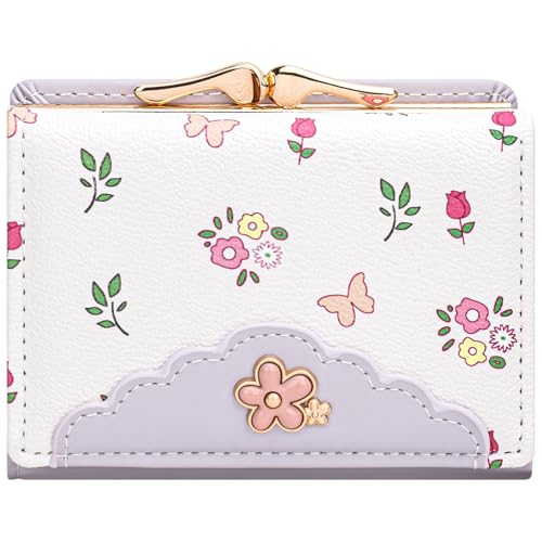 Image of YINHEXI Cute Trifold Wallet for Women Girls, Press-Lock Coin Wallet with ID Window, PU Leather Floral Small Wallet, Fits Purses & Pockets (Floral Lavender)