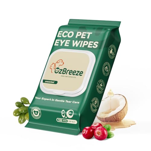 OzBreeze Eye Wipes for Dogs & Cats, Gently Remove Tear Stains, Debris & Discharge, Hypoallergenic Pet Eye Cleaner for Eyes, Wrinkles & Face, Unscented with Natural Coconut Oil & Provitamin B5, 100ct