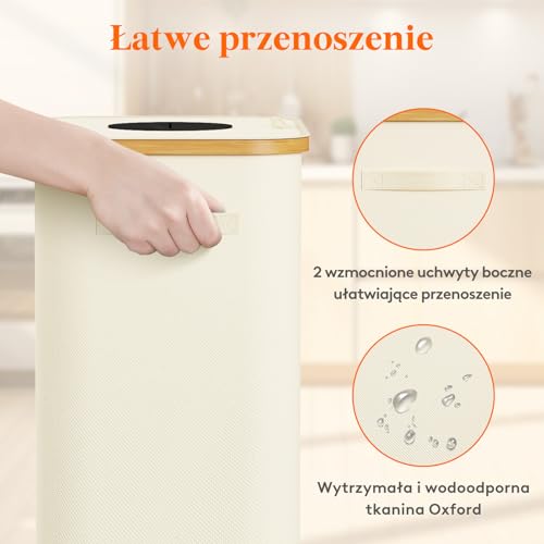 Lifewit Przenośny kosz na śmieci z recyklingu, szklany pojemnik na butelki z tworzywa sztucznego, duży bambusowy kosz na śmieci do Tris Selective, 100L, biały