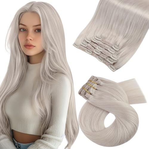 Moresoo Clip in Hair Extensions Real Human Hair White Blonde Human Hair Extensions Clip in for Women Full Head Short Layered Hair 14 Inch 80G #60A 5pcs