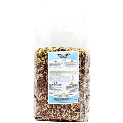 Oltresole, Bio-Omega-Samenmischung 1 kg (Mischung aus Kürbis-, Sonnenblumen- und Leinsamen), Mischung aus 3 ganzen rohen Ölsaaten, reich an Proteinen, Ballaststoffen und Omega-3-Fettsäuren