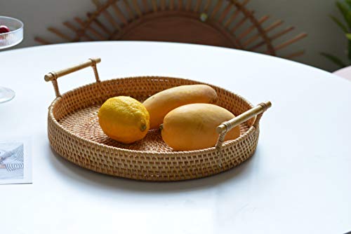 Decrafts Rattan Round Serving Tray Wicker Woven Bread Basket With Handles For Cracker Dinner Parties Coffee Table Breakfast (Natural 12.6 Inches) #TOP2