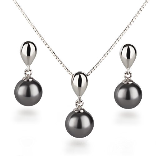Preisvergleich Produktbild Schöner SD, Glänzendes Schmuckset mit 10mm Perlen Ohrringe und Halskette mit Anhänger, 925 Silber Rhodium Farbe dunkelgrau
