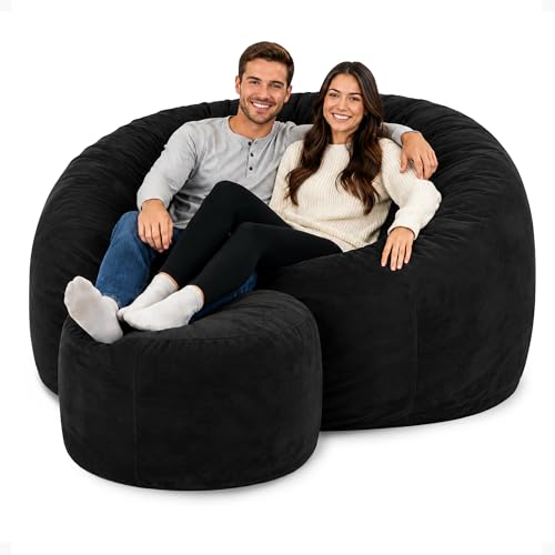 Image of ULTIMATE SACK 6000 6-Foot Bean Bag Chair with Footstool, Black Suede Cover - Oversized Foam Lounger, Floor Seat, Small Sofa, or Couch Bed for Living Area, Gaming Room, or Reading Lounge