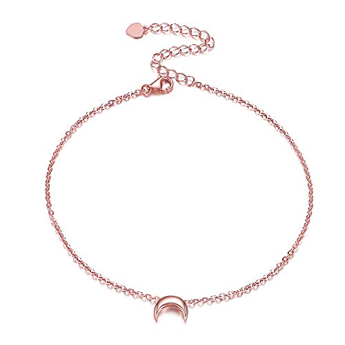 Girls Women Anklet Rose Gold Plated 925 Sterling Silver Dainty Simple Tiny Moon Layered Foot Chain Boho Beach Barefoot Jewelry