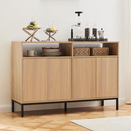 Mericonia Farmhouse Buffet Sideboard Cabinet with Storage, Fluted Coffee Bar with Doors and...