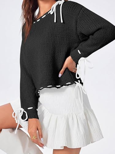 ebossy Womens Cute Bow Sweater Y2k Long Sleeve Boat Neck Loose Lace Up Pullover Jumper Going Out Tops3