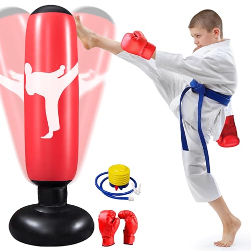 Qoosea Saco de Boxeo Niños, 160cm Saco de Boxeo de Pie con Bomba de Aire y Guantes de Boxeo, Bolsa de Boxeo Inflable Estable para Karate, Kickboxing, Equipo de Boxeo, Regalo Ideal para Niños y Niñas