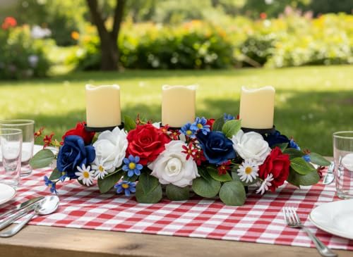 Image of Svndlyn 4th of July Decorations,Patriotic Floral Arrangement Centerpiece for Table,Centerpiece with 3 Candle Holder,Red White and Blue Fake Rose Flowers for Independence Day Home Decor,Memorial Day